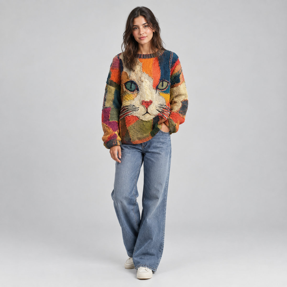 Grace Women's Artistic Cat Print Relaxed-Fit Knit Sweater on a model, front view