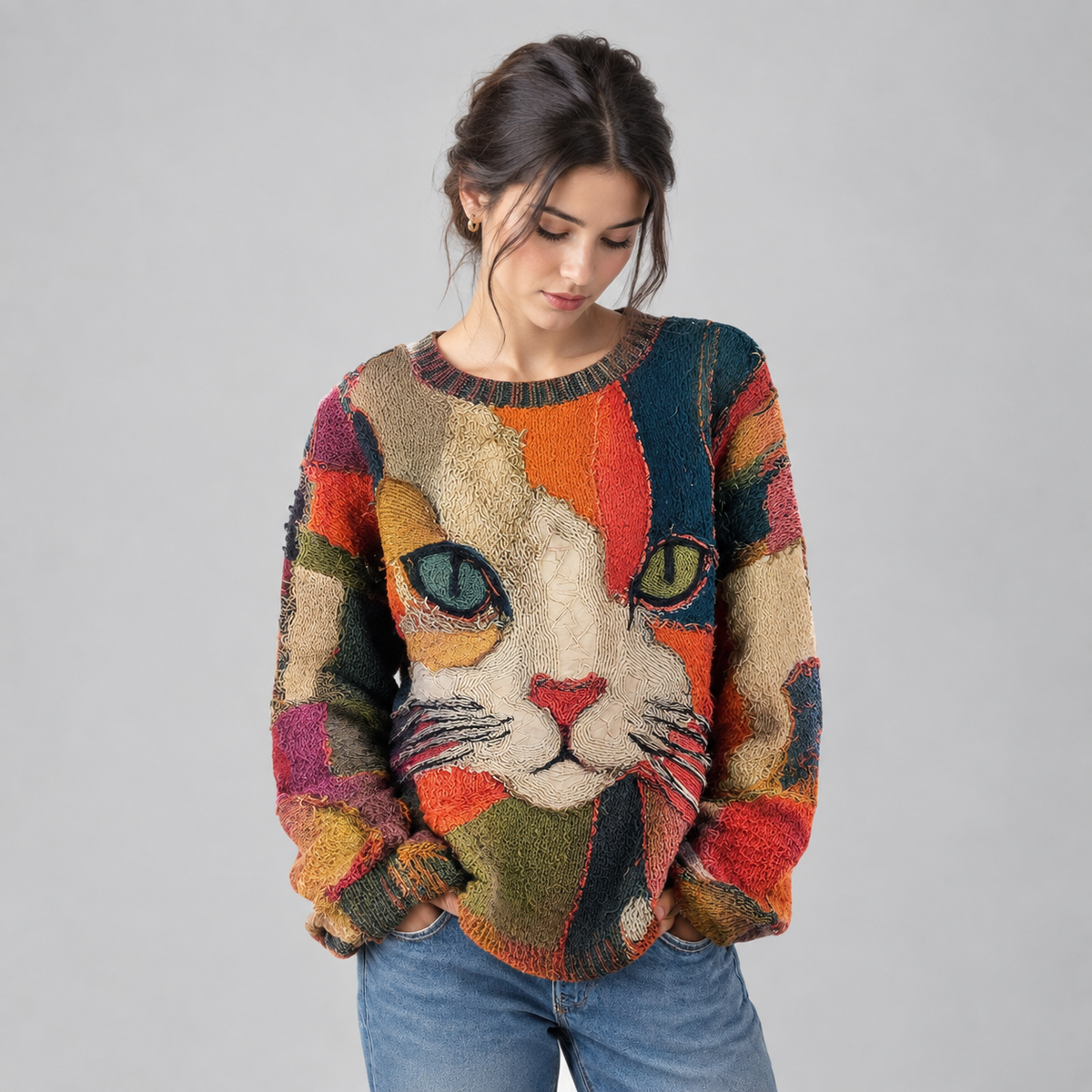 Grace Women's Artistic Cat Print Relaxed-Fit Knit Sweater on a model, front detail