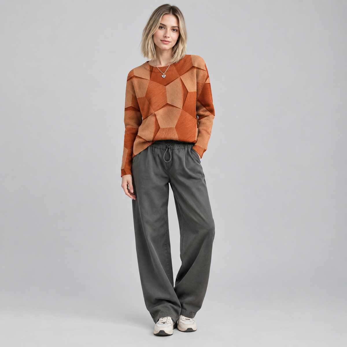 Women's Long Sleeve Geometric Print Knit Sweater on a model, front view