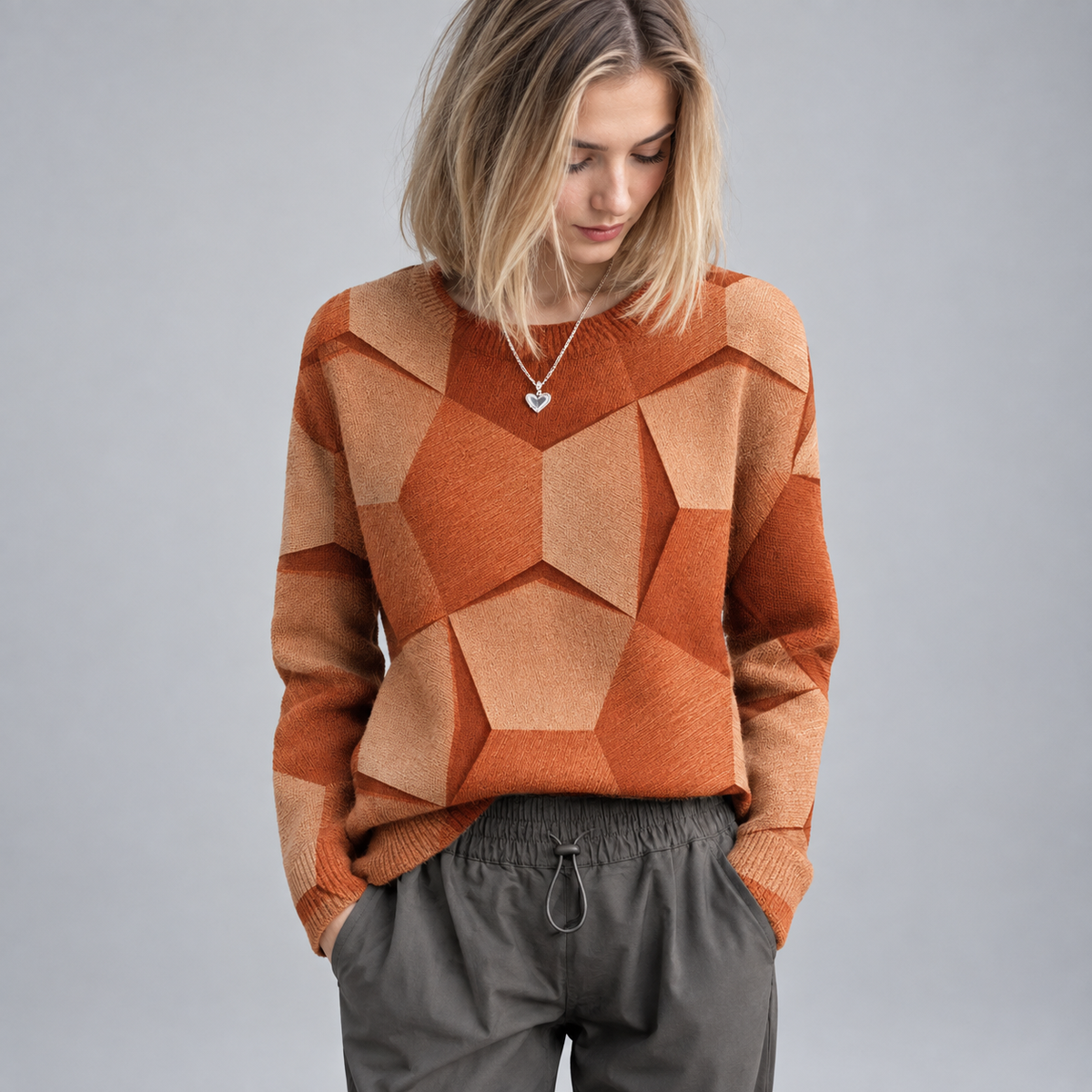 Women's Long Sleeve Geometric Print Knit Sweater on a model, front detail