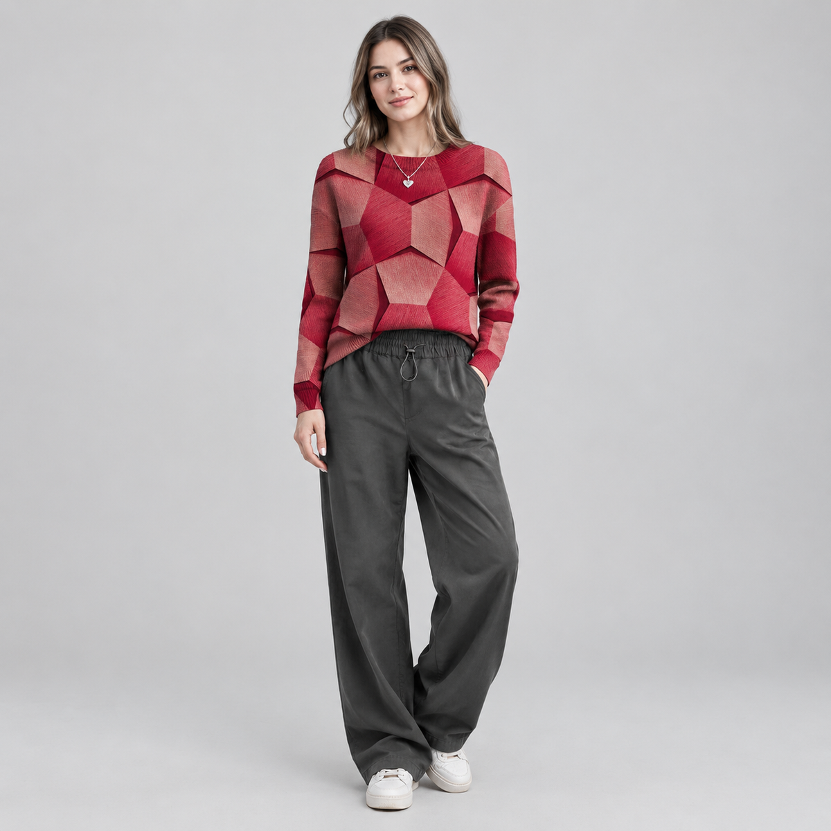Women's Long Sleeve Geometric Print Knit Sweater on a model, colour option