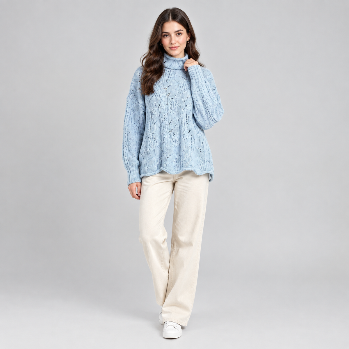 Women's Cable Knit High-Neck Loose Fit Sweater on a model, front view