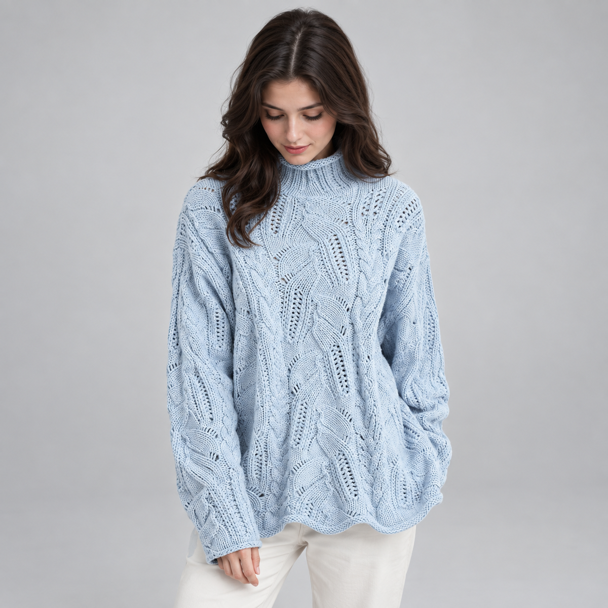 Women's Cable Knit High-Neck Loose Fit Sweater on a model, front detail