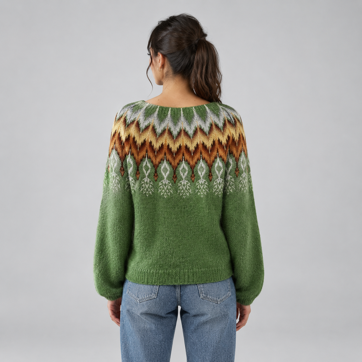 Women's Fair Isle Patterned Knit Sweater on a model, back view