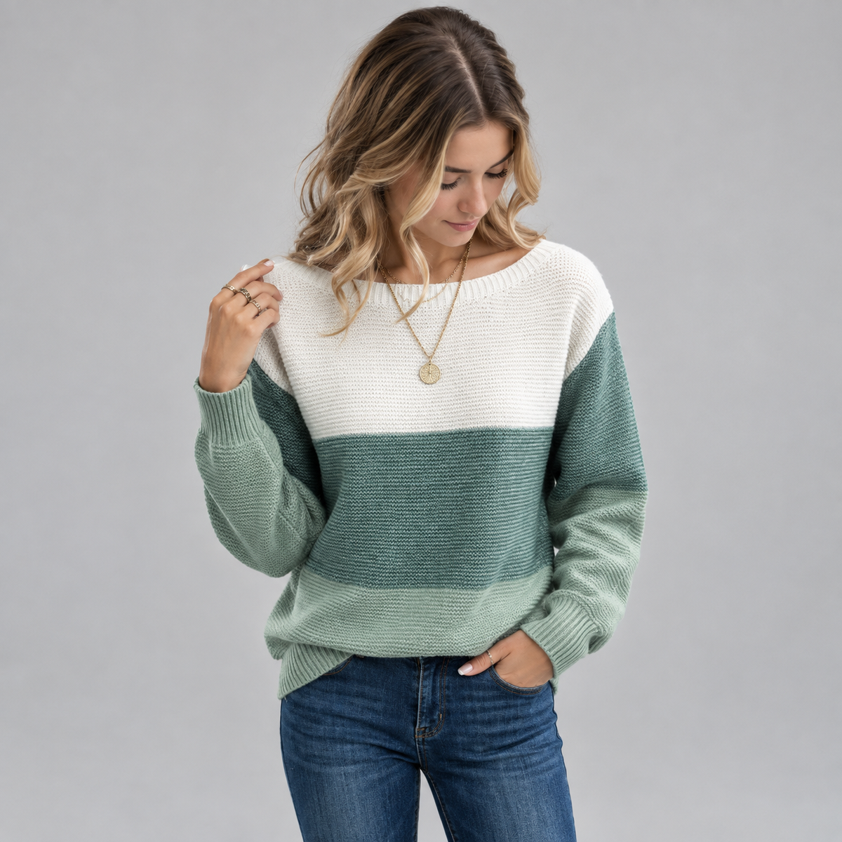 Women's Colour Block Relaxed Fit Knit Sweater on a model, front detail