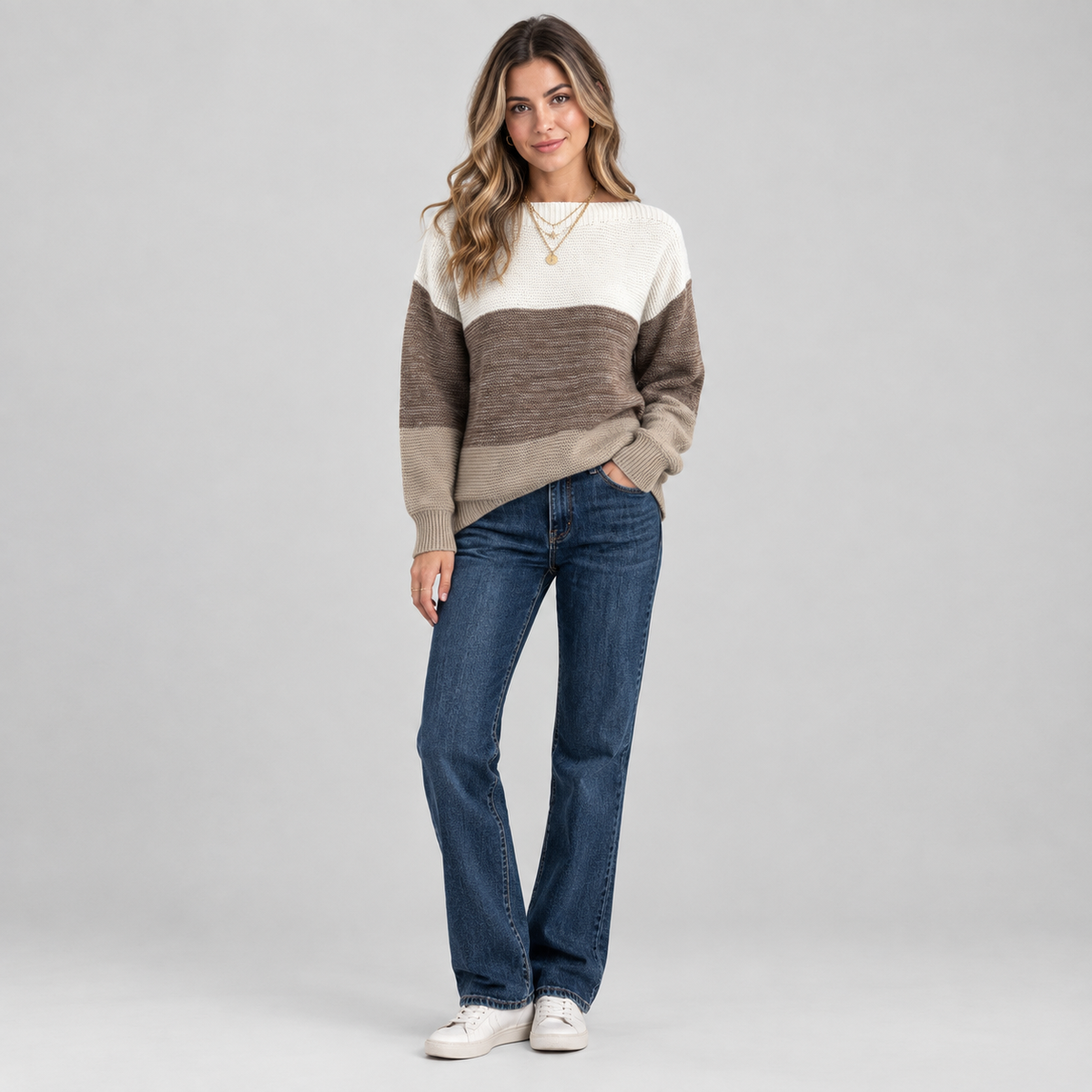 Women's Colour Block Relaxed Fit Knit Sweater on a model, colour option