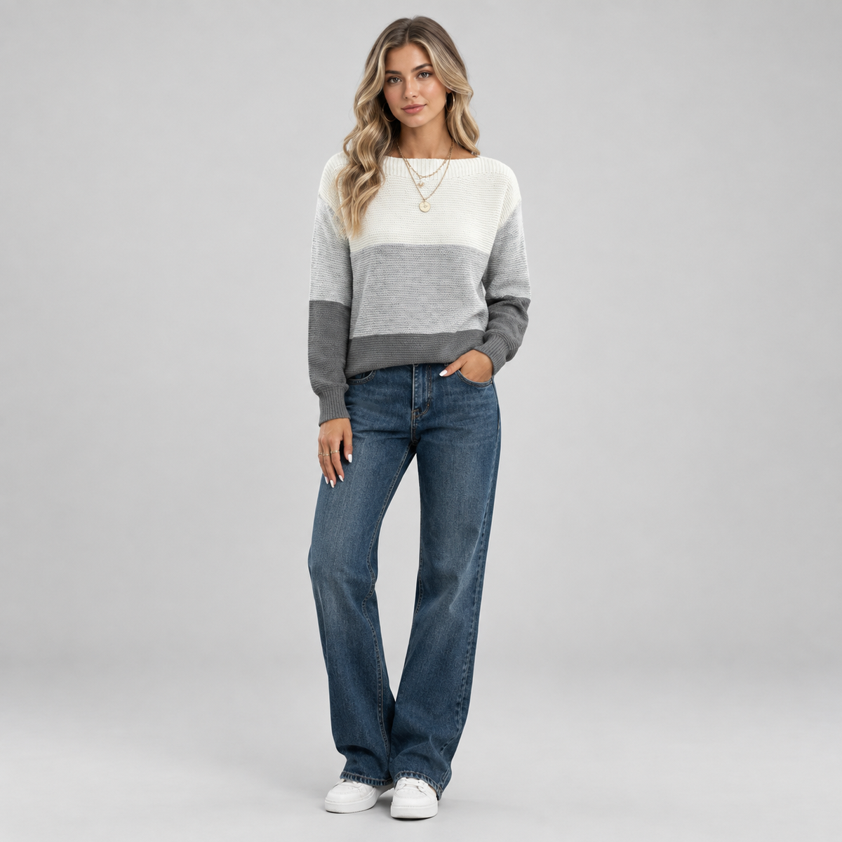 Women's Colour Block Relaxed Fit Knit Sweater on a model, colour option