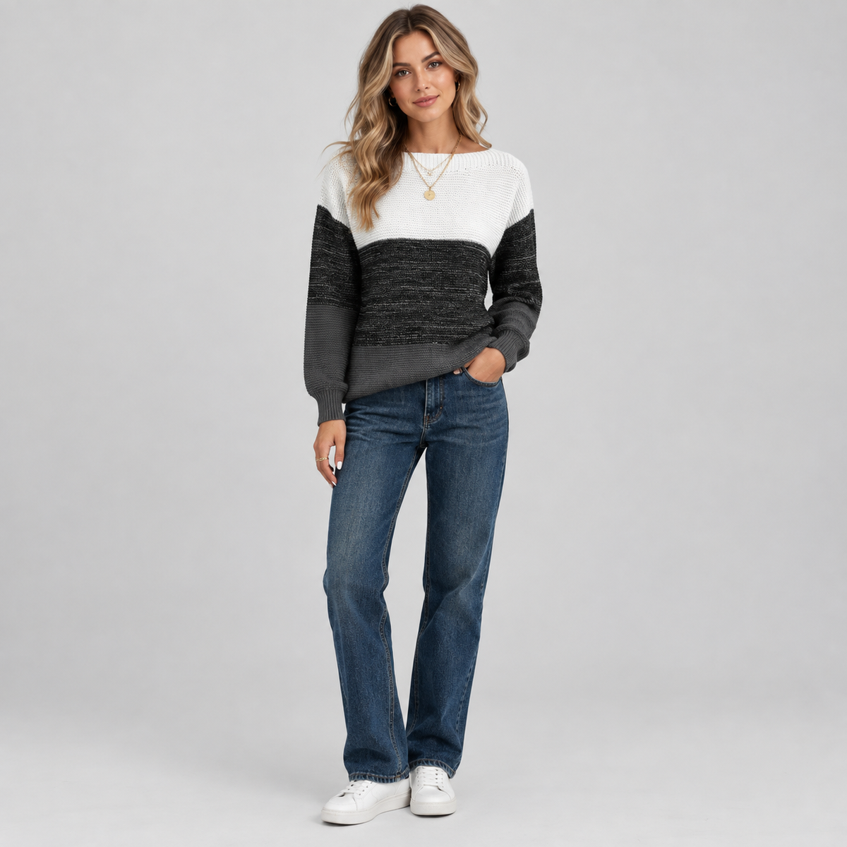 Women's Colour Block Relaxed Fit Knit Sweater on a model, colour option