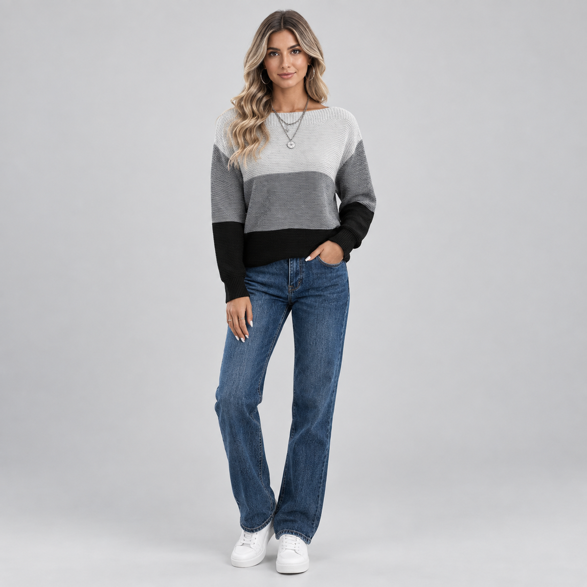 Women's Colour Block Relaxed Fit Knit Sweater on a model, colour option