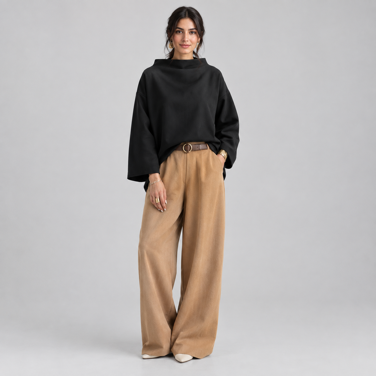 Women's Oversized Mock-Neck Knit Sweater Top on a model, front view