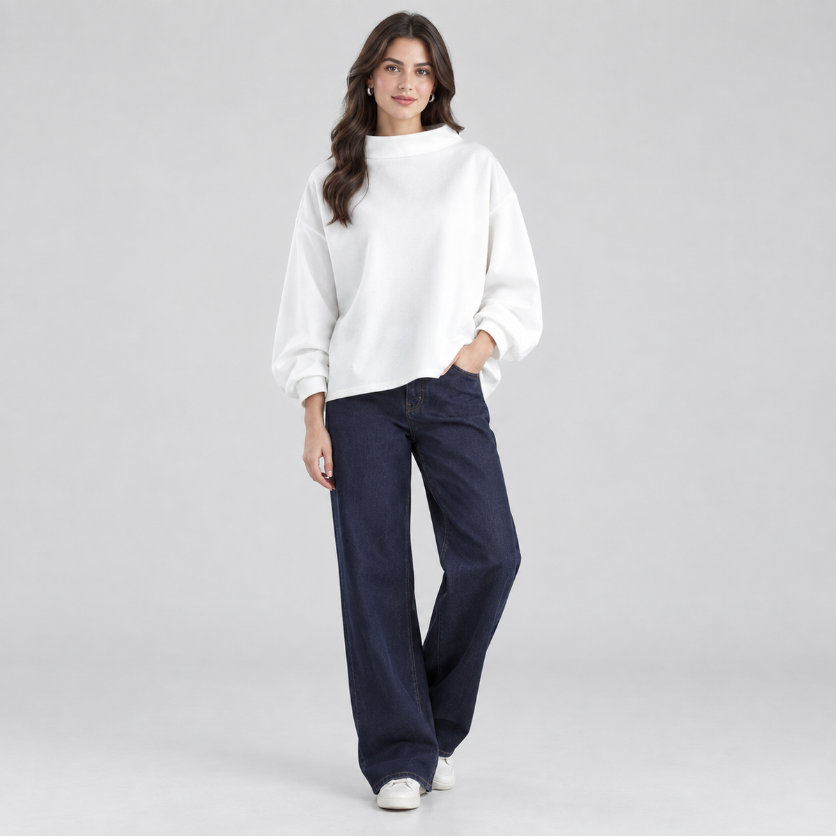 Women's Oversized Mock-Neck Knit Sweater Top on a model, colour option