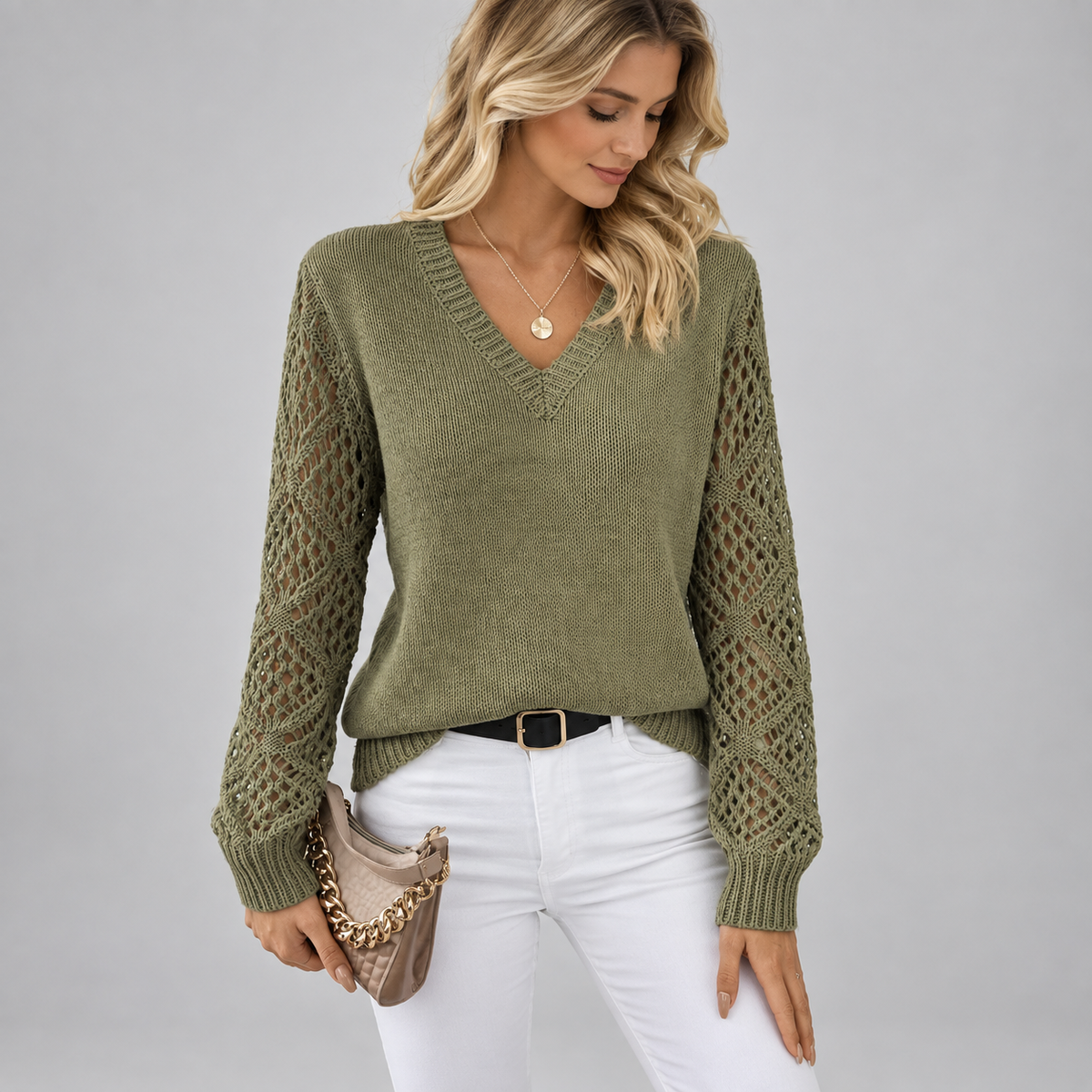 Women's V-Neck Hollow Sleeve Knit Sweater Jumper on a model, front detail