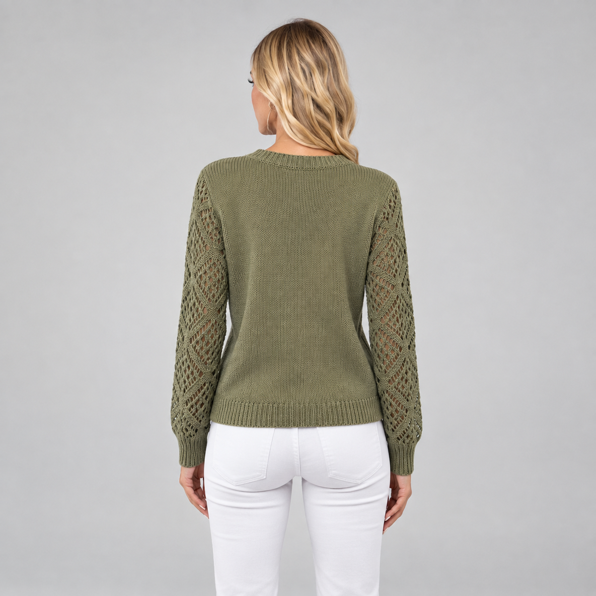 Women's V-Neck Hollow Sleeve Knit Sweater Jumper on a model, back view