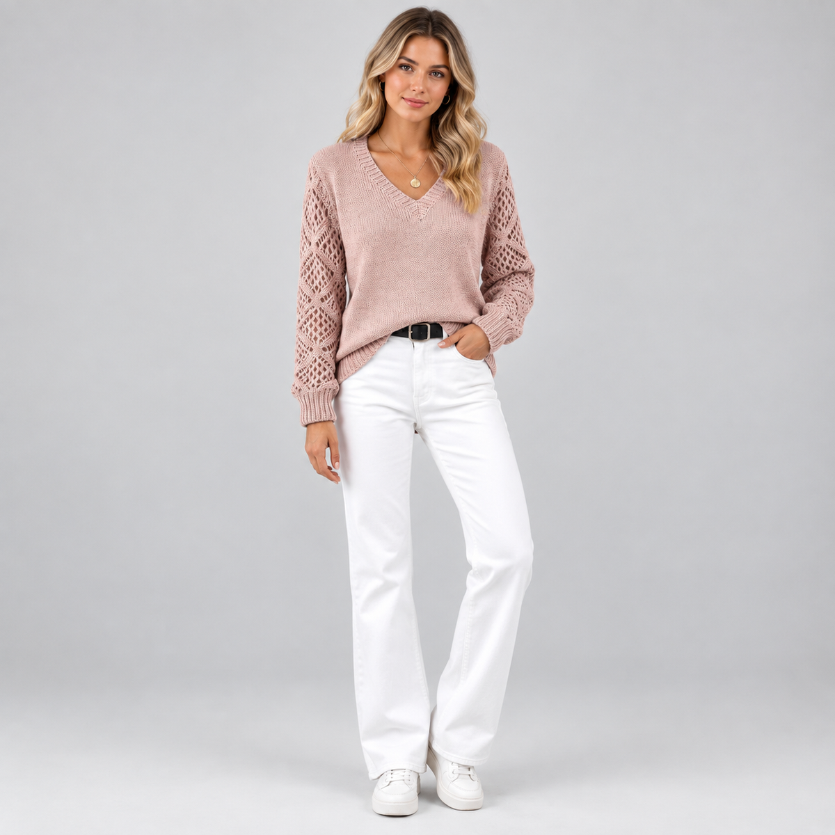 Women's V-Neck Hollow Sleeve Knit Sweater Jumper on a model, colour option