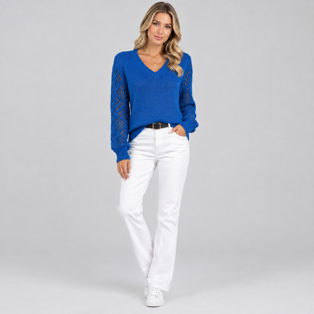 Women's V-Neck Hollow Sleeve Knit Sweater Jumper on a model, colour option