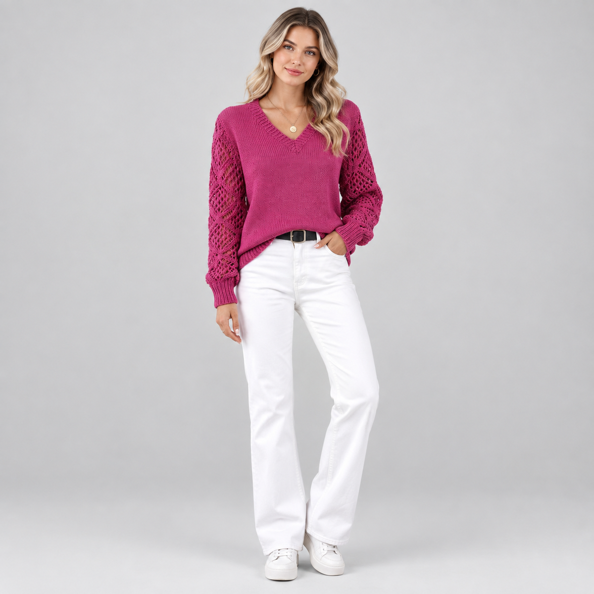 Women's V-Neck Hollow Sleeve Knit Sweater Jumper on a model, colour option