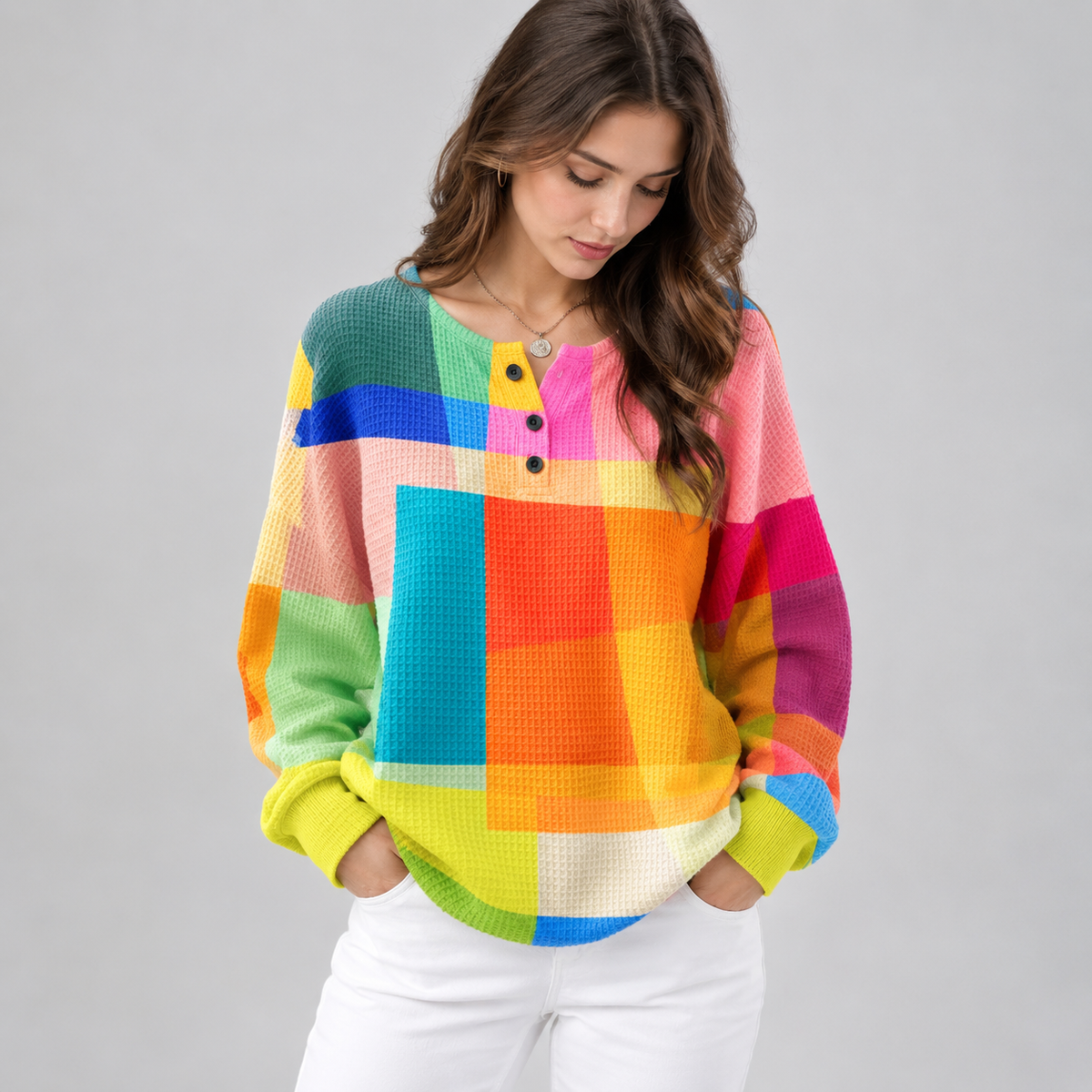 Women's Colourblock Waffle-Knit Button-Neck Pullover Sweater on a model, front detail