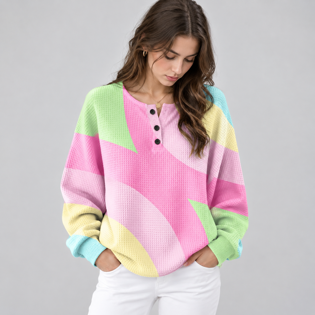 Women's Pastel Colour Block Knit Sweater on a model, front detail