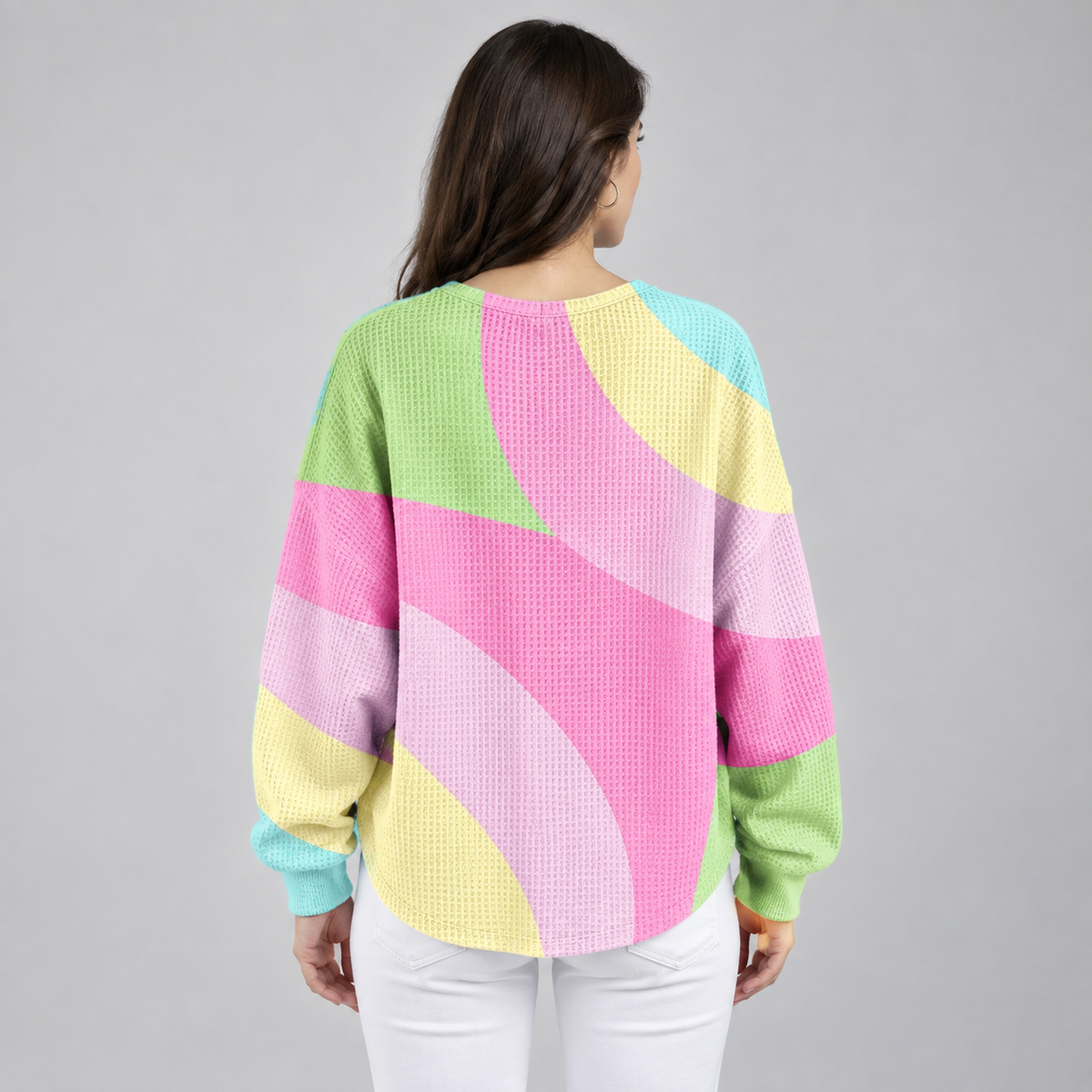 Women's Pastel Colour Block Knit Sweater on a model, back view