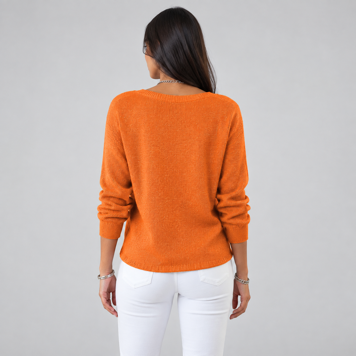 Women's V-Neck Button-Front Knit Cardigan on a model, back view
