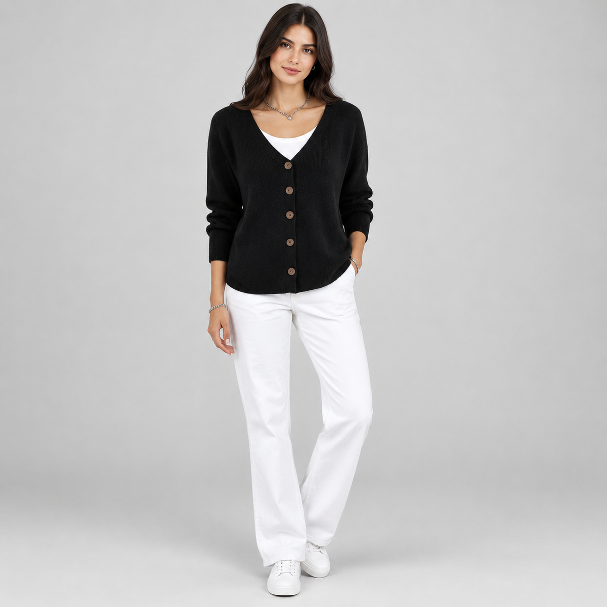 Women's V-Neck Button-Front Knit Cardigan on a model, colour option