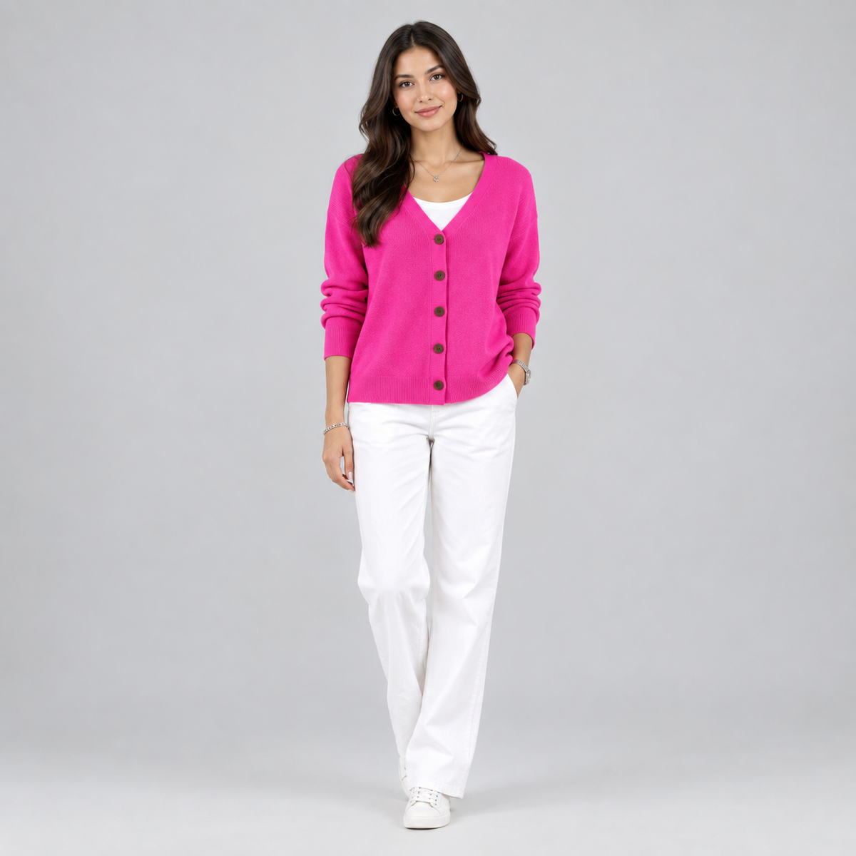 Women's V-Neck Button-Front Knit Cardigan on a model, colour option