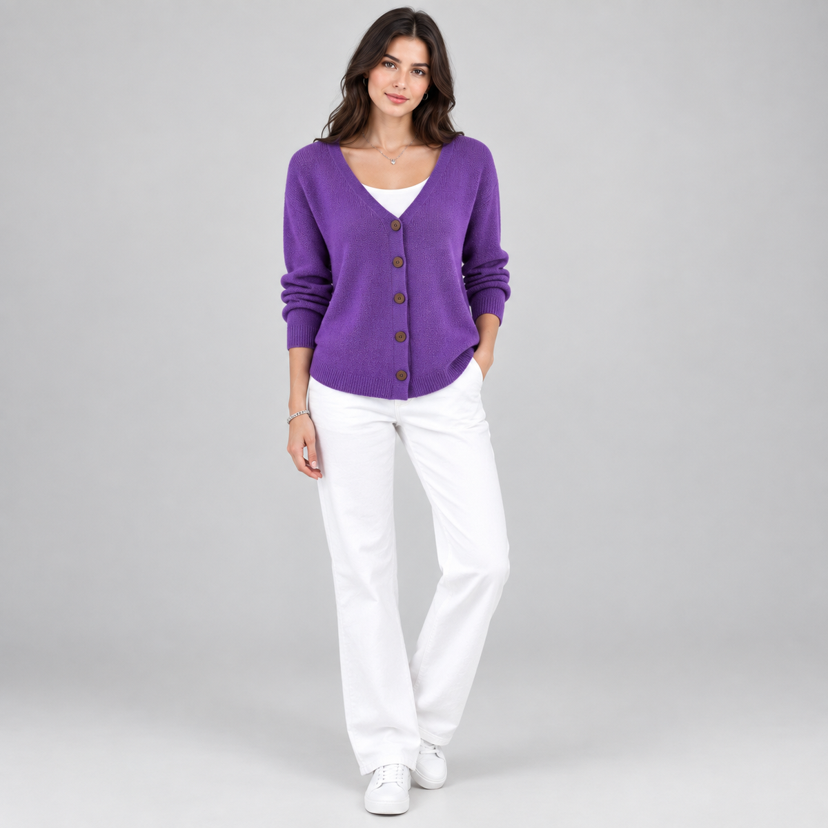 Women's V-Neck Button-Front Knit Cardigan on a model, colour option
