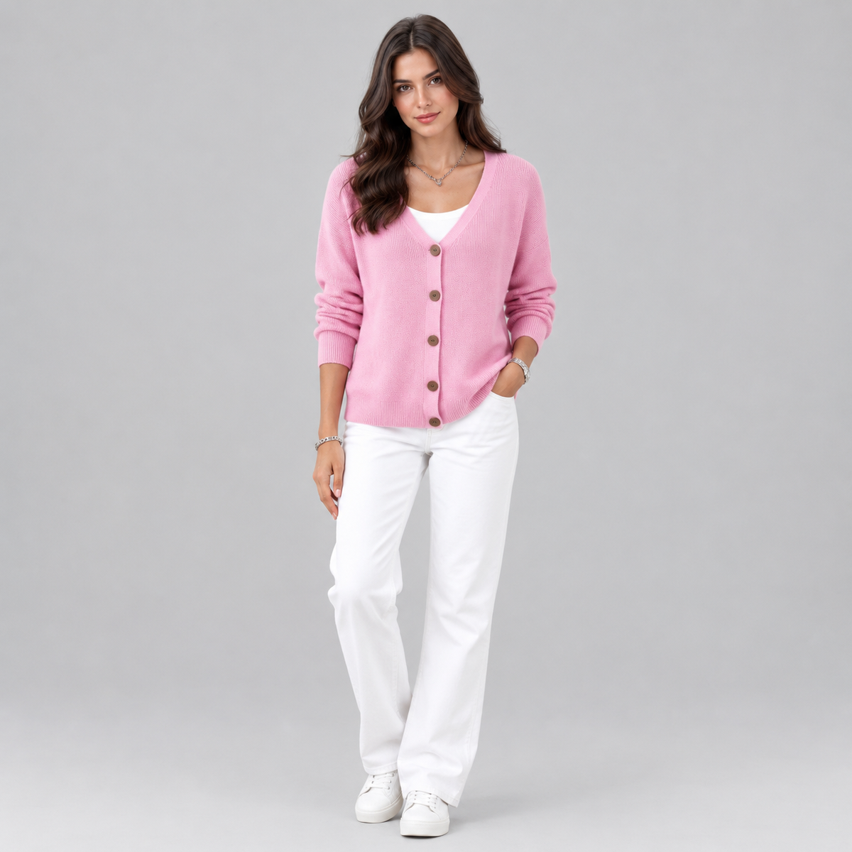 Women's V-Neck Button-Front Knit Cardigan on a model, colour option