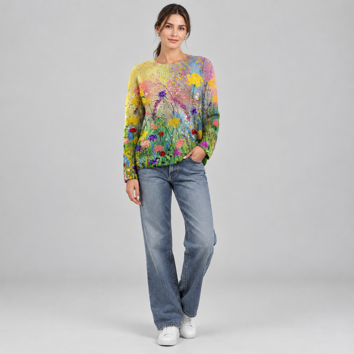 Women's Floral Art Print Long-Sleeve Knit Sweater on a model, front view