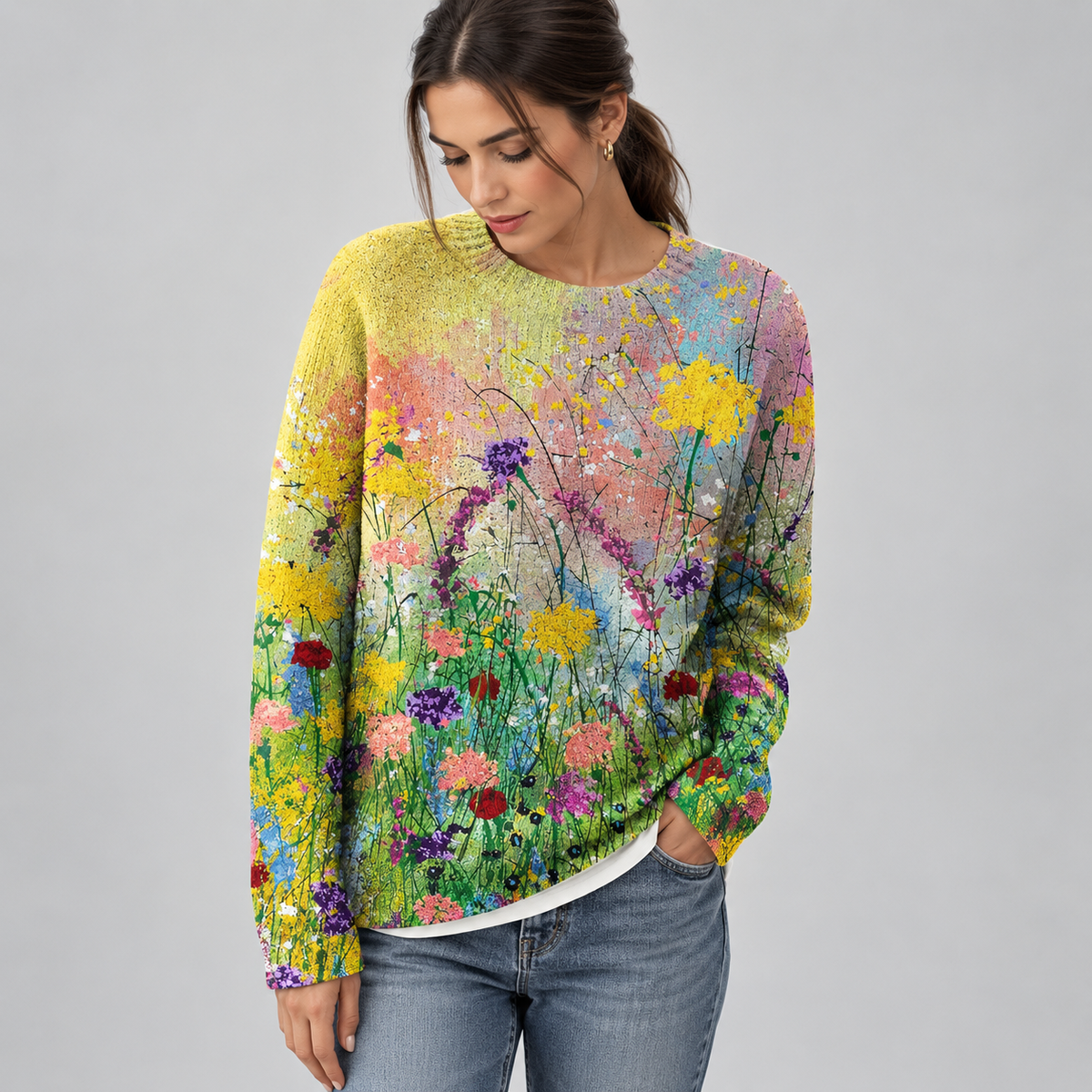 Women's Floral Art Print Long-Sleeve Knit Sweater on a model, front detail