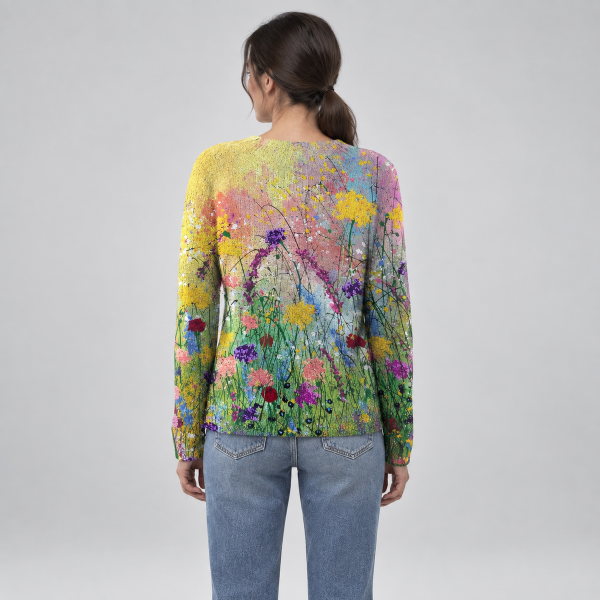 Women's Floral Art Print Long-Sleeve Knit Sweater on a model, back view