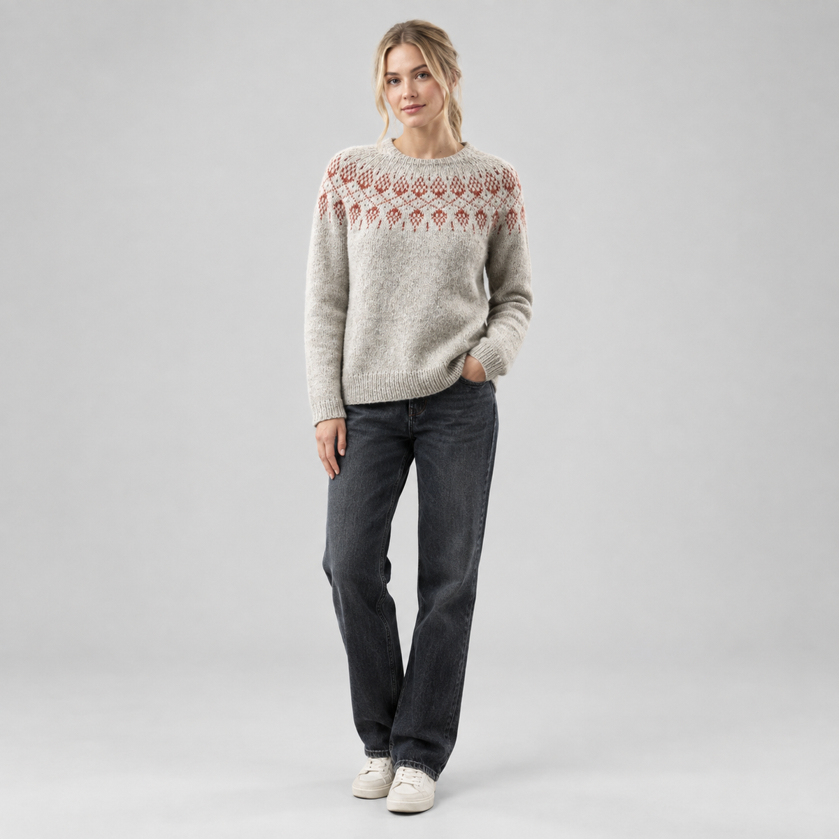 Women's Fair Isle Relaxed-Fit Icelandic Knit Sweater on a model, front view