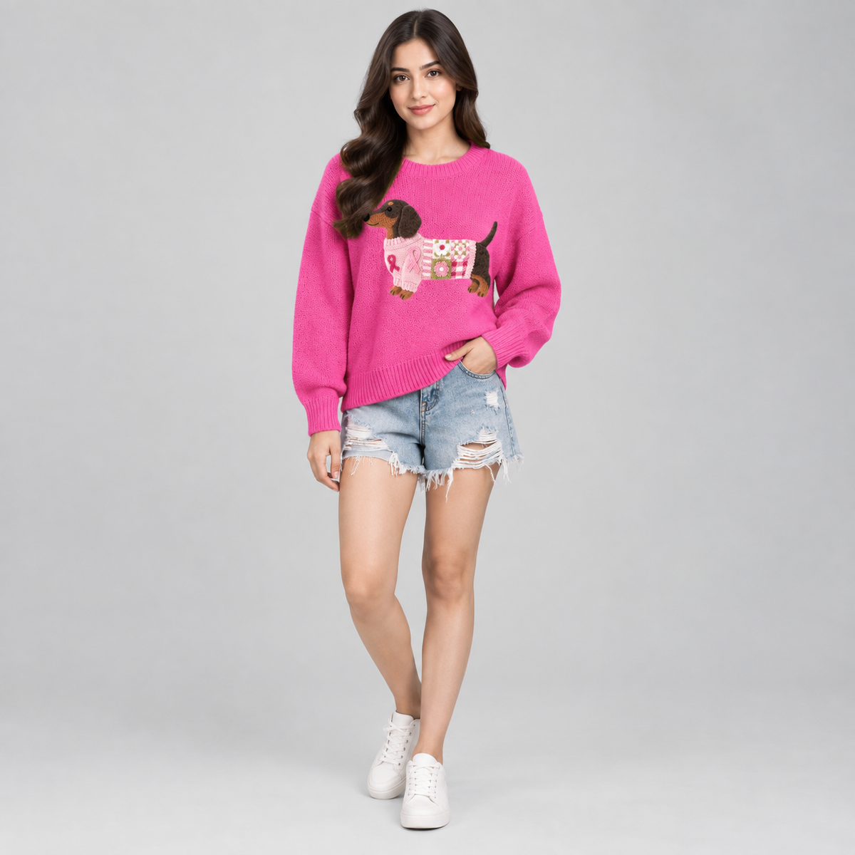 Women's Dachshund Patchwork Floral Crew Neck Knit Sweater on a model, colour option