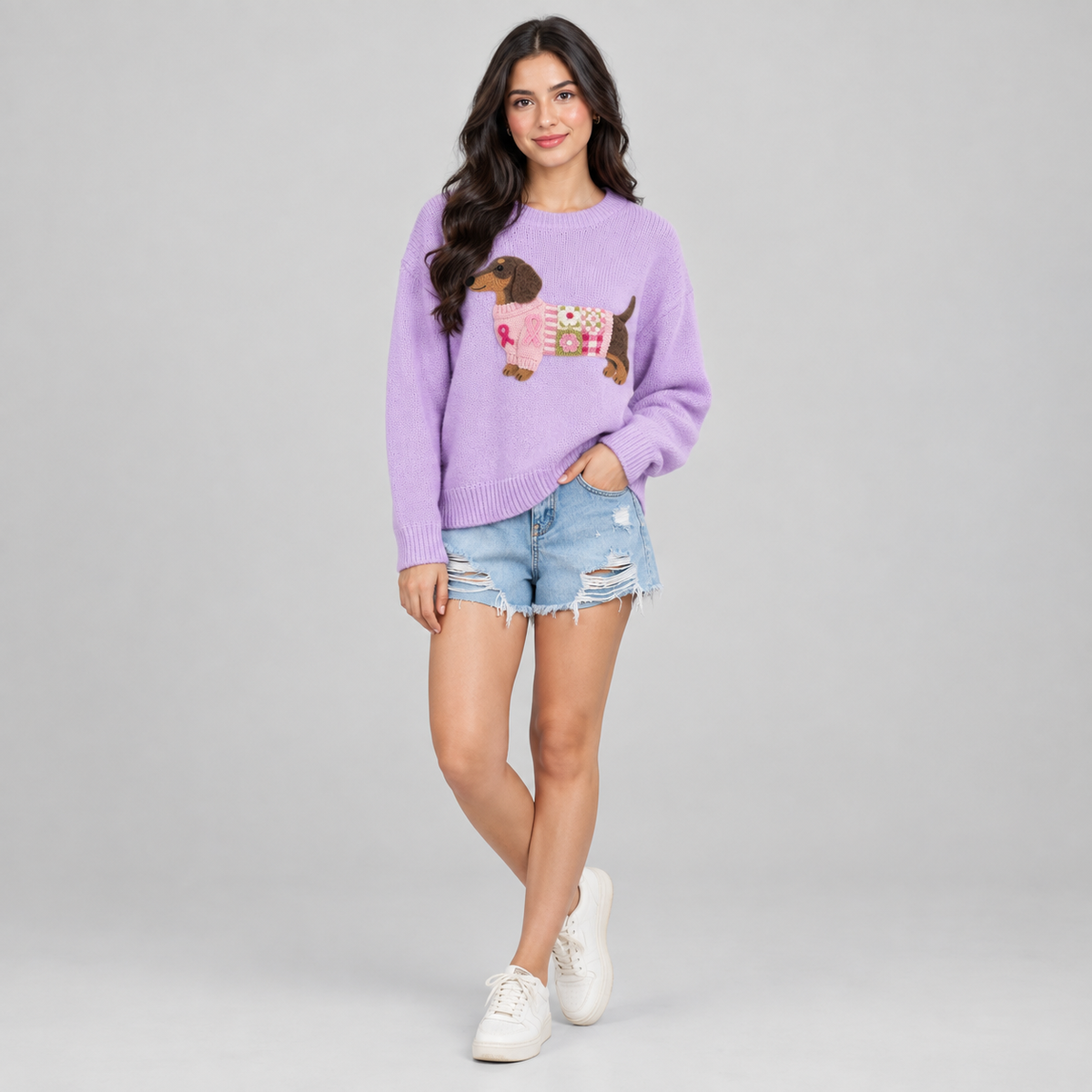 Women's Dachshund Patchwork Floral Crew Neck Knit Sweater on a model, colour option
