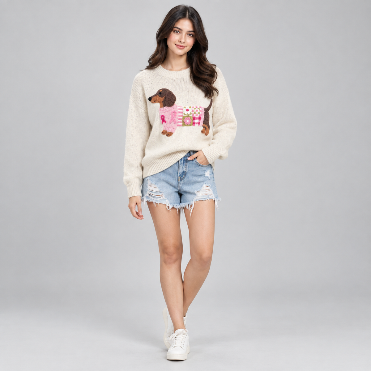 Women's Dachshund Patchwork Floral Crew Neck Knit Sweater on a model, colour option