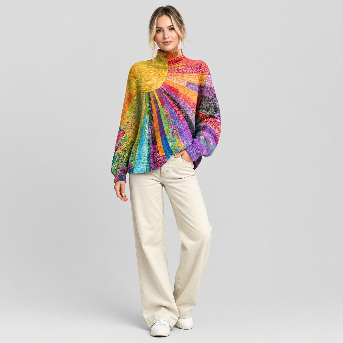 Women's Multicolour Rainbow Turtleneck Sweater on a model, front view