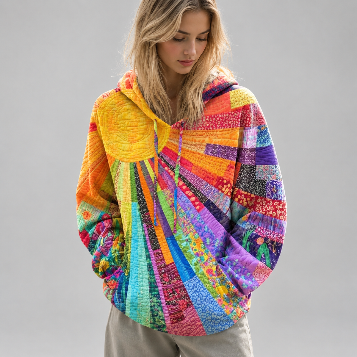 Women's Bohemian Sunburst Print Hoodie on a model, front detail