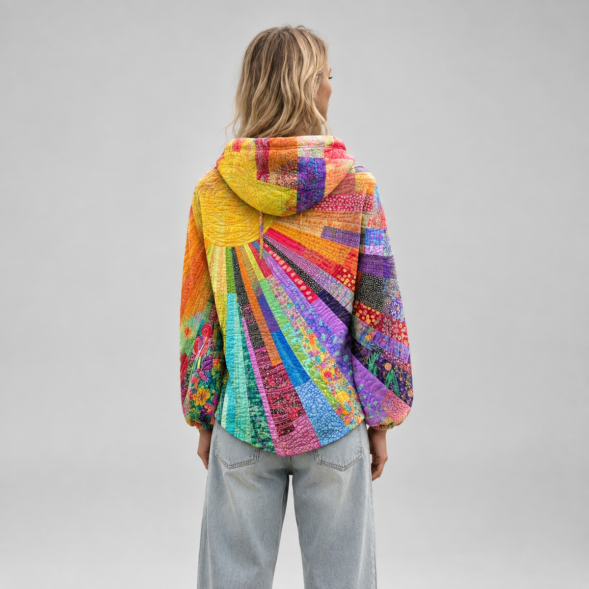 Women's Bohemian Sunburst Print Hoodie on a model, back view