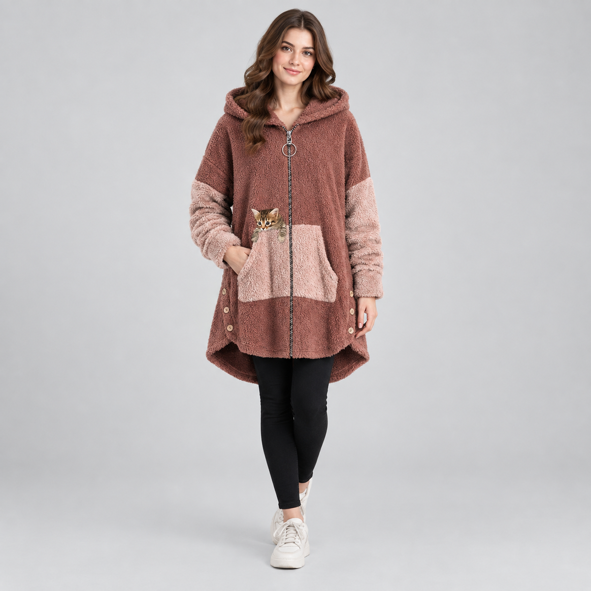 Women's zip-up hooded fleece with cat-pocket detail on a model, colour option
