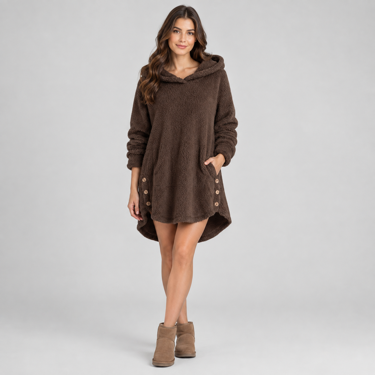 Women's hooded fleece pullover on a model, colour option