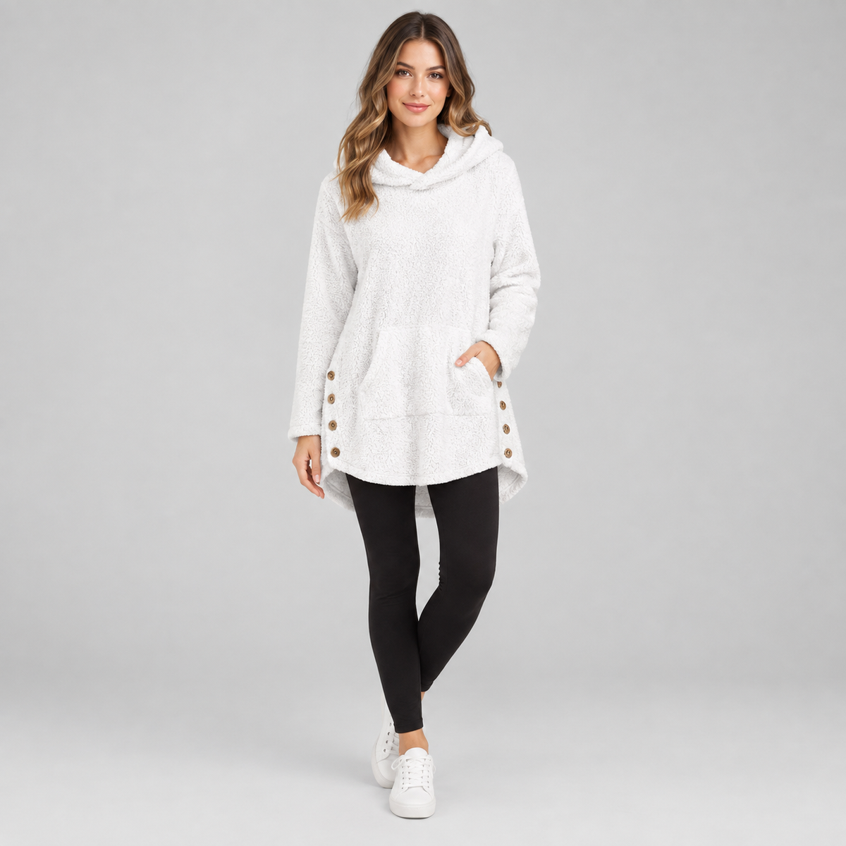 Women's hooded fleece pullover on a model, colour option