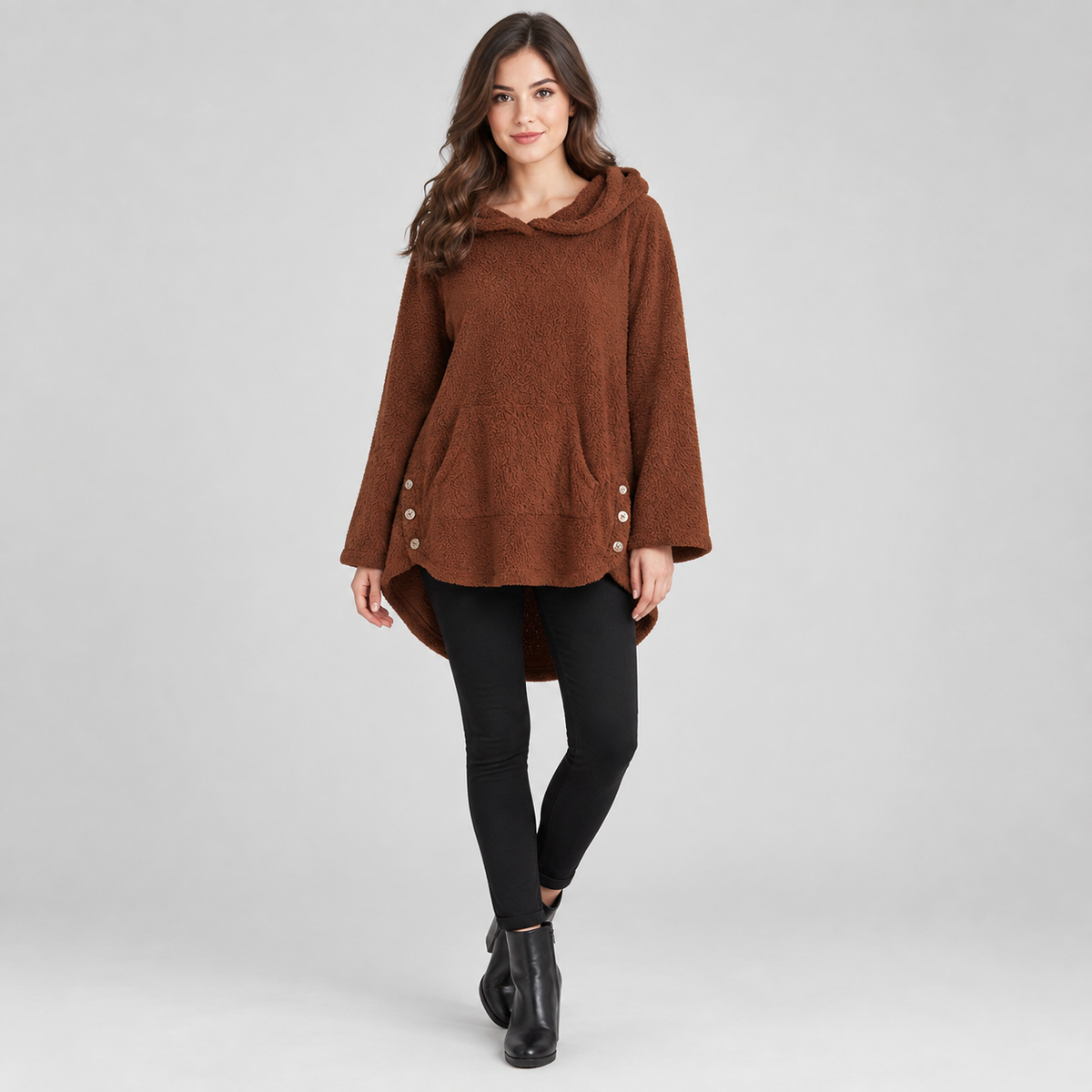 Women's hooded fleece pullover on a model, colour option