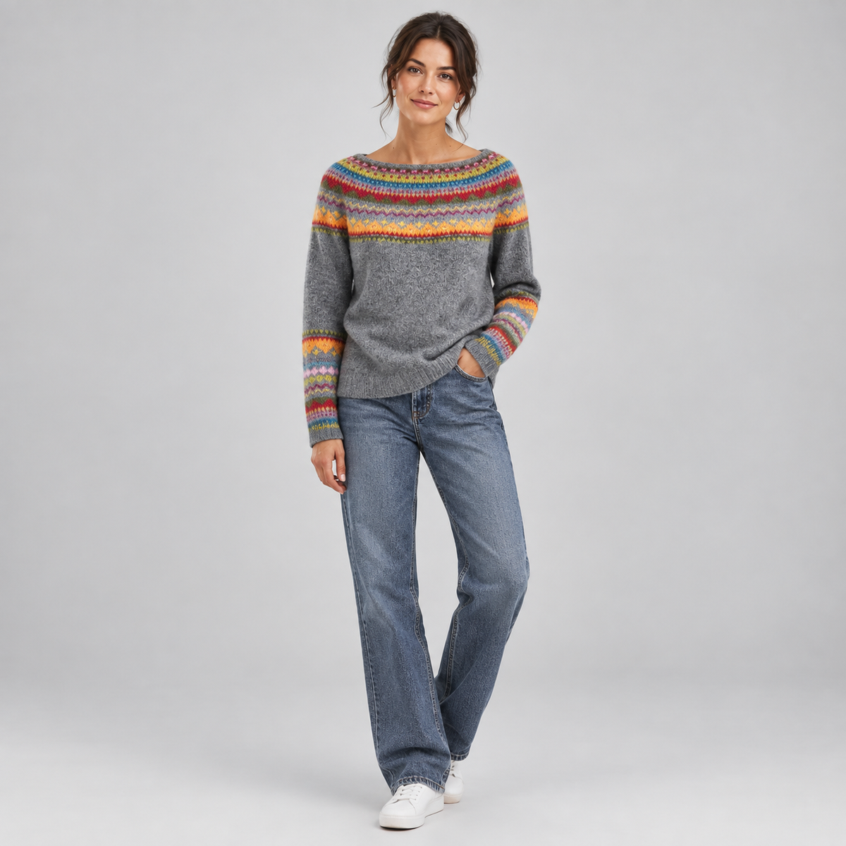 Women's Retro Stripe Knit Pullover on a model, front view
