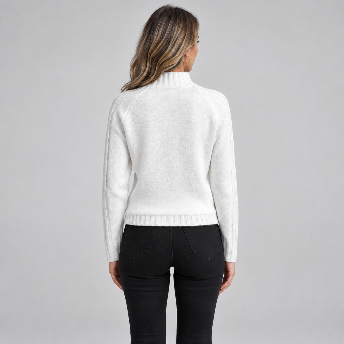 Women's Ribbed Turtleneck Sweater on a model, back view