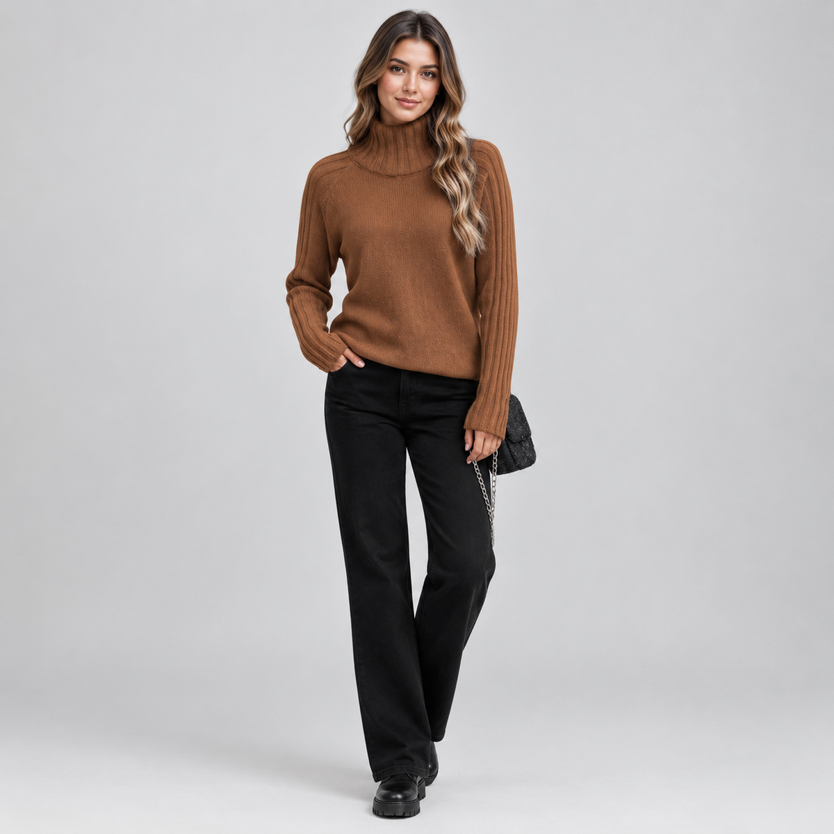 Women's Ribbed Turtleneck Sweater on a model, colour option