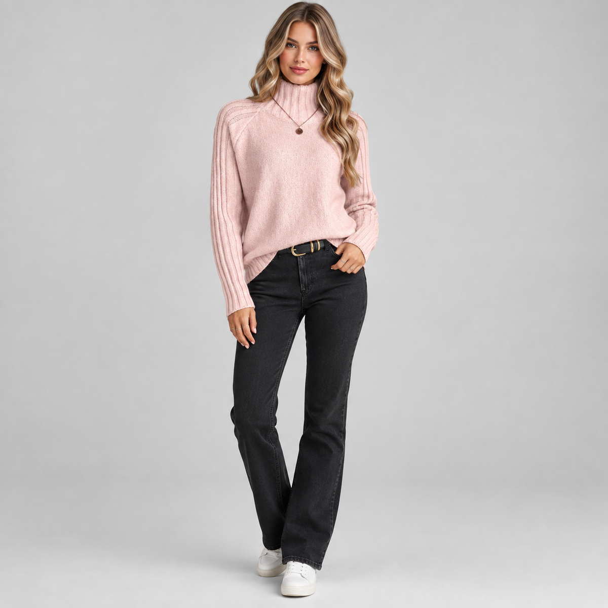 Women's Ribbed Turtleneck Sweater on a model, colour option