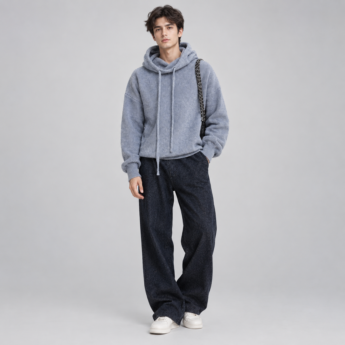Women's Oversized Hooded High-Neck Knit Sweater on a model, colour option