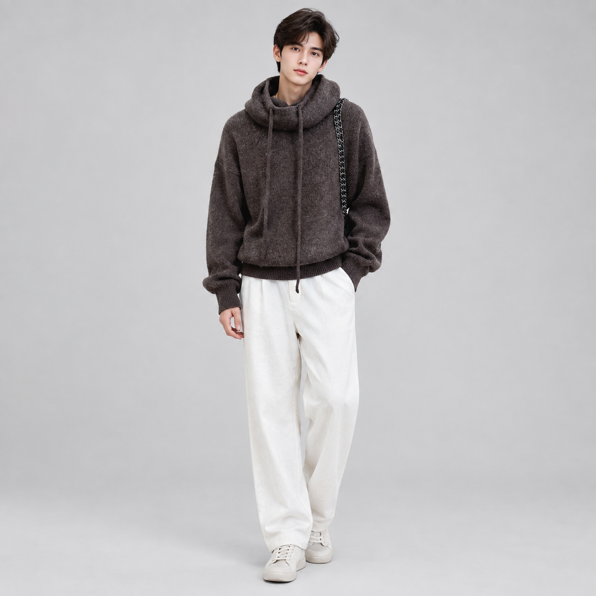 Women's Oversized Hooded High-Neck Knit Sweater on a model, colour option