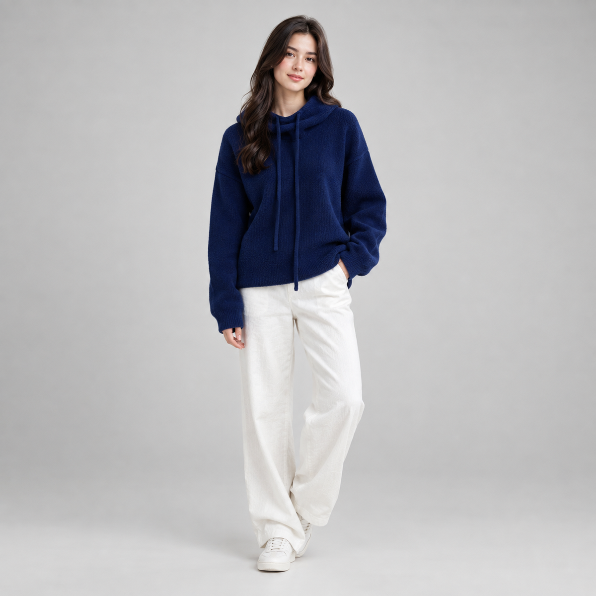 Women's Oversized Hooded High-Neck Knit Sweater on a model, colour option