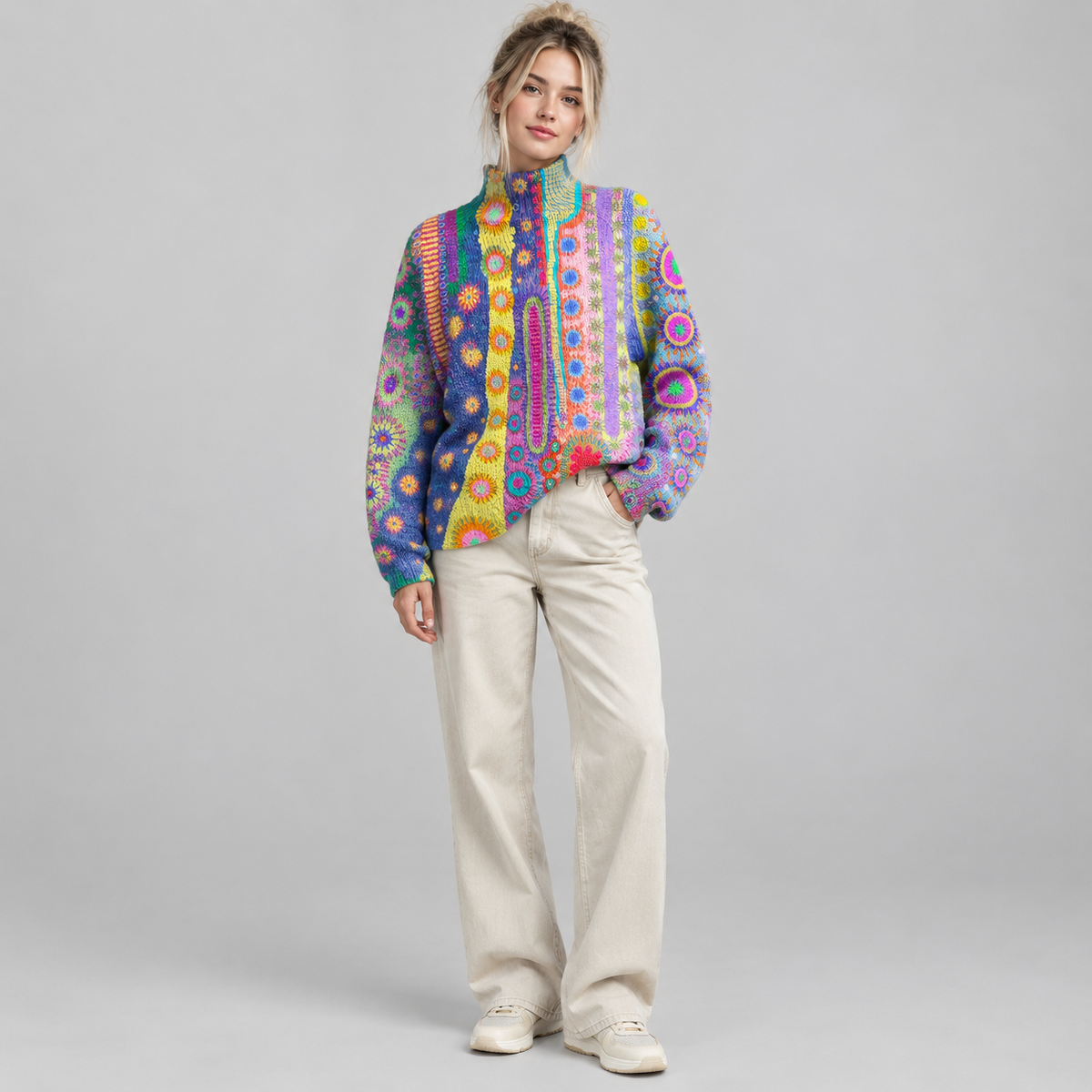 Women's Multicolour Abstract Knit Turtleneck Sweater on a model, front view